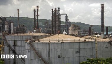 Storage tanks at a Bharat Petroleum Corp. oil refinery in Mumbai, India, on Monday, Aug. 11, 2025.