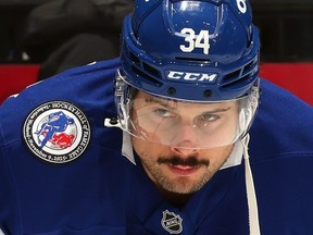 Auston Matthews of the Maple Leafs warms up prior to a game against the Hurricanes at Scotiabank Arena in Toronto, Nov. 9, 2025.