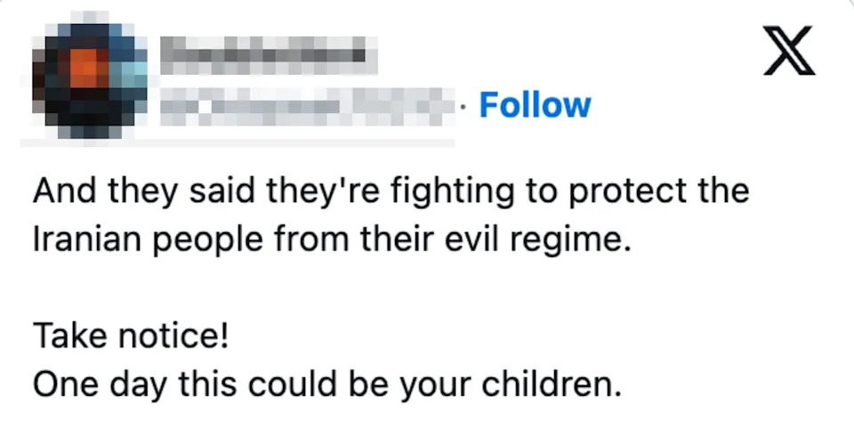 Tweet by Doublethink (@Oldspeak70310) stating: "And they said they're fighting to protect the Iranian people from their evil regime. Take notice! One day this could be your children."
