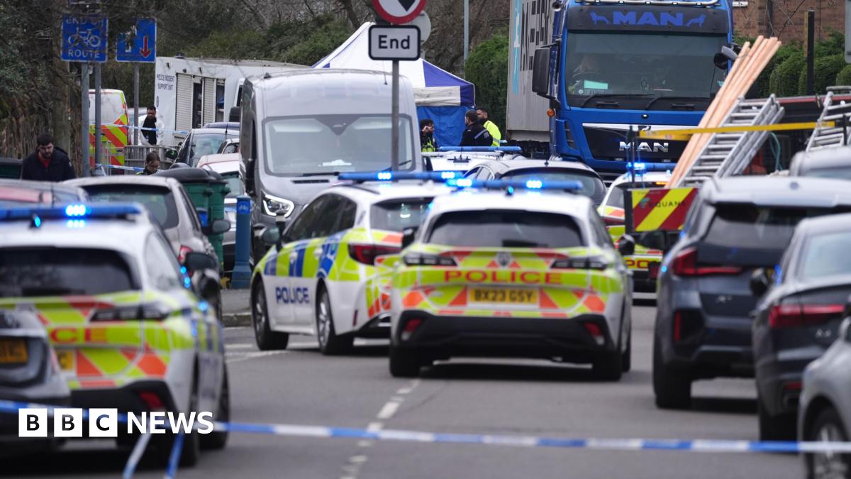 Police cars and other vehicles at the scene on a residential street. A police cordon can be seen at the front.
