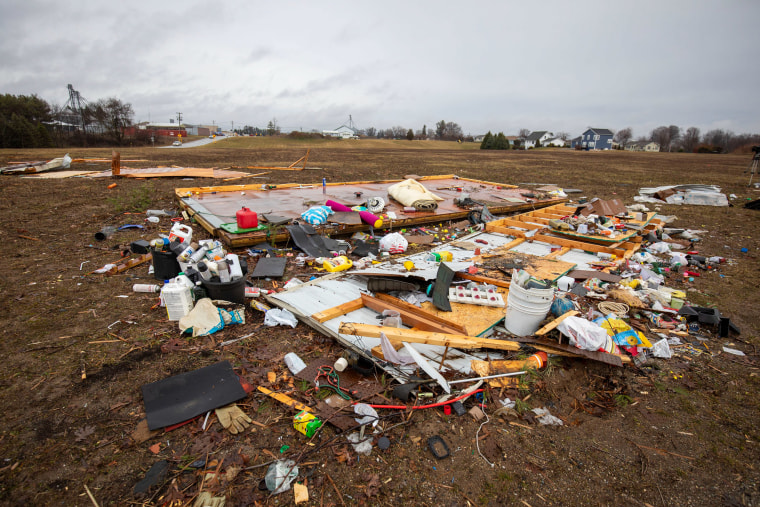 The flattened remains of a house after a tornado.