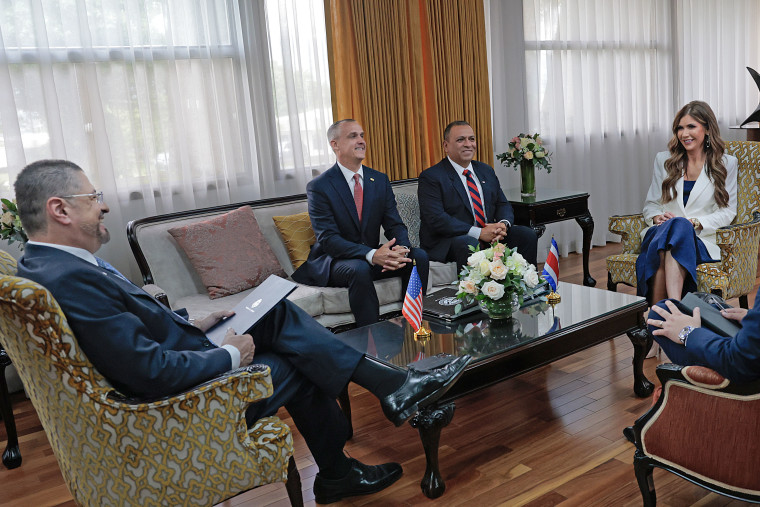 Homeland Security Secretary Kristi Noem and Corey Lewandowski meets with Costa Rican President Chaves Robles, left, on June 25, 2025 in San Jose, Costa Rica.
