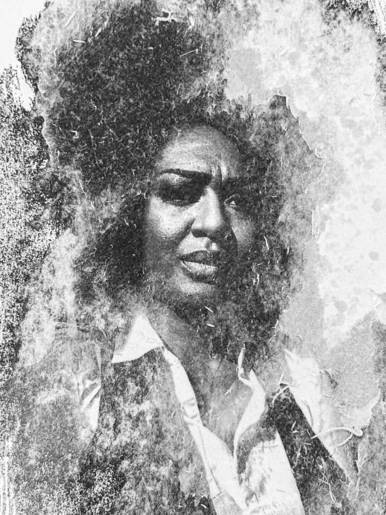 A black and white photo collage  shows a photo of a Black woman wearing a long-sleeved white shirt and black vest.  In a double exposure effect, a photo is overlaid on the photo of the woman that has a mottled texture.