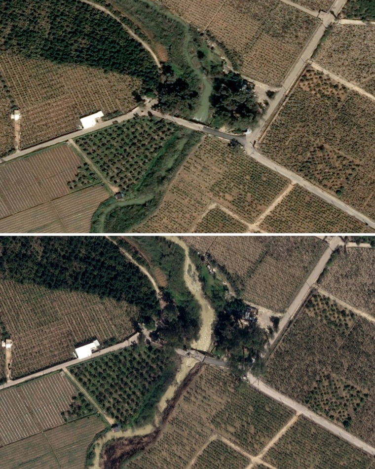 Satellite imagery of Qasmiyeh Kinayat Bridge on March 17, and on Tuesday, below.