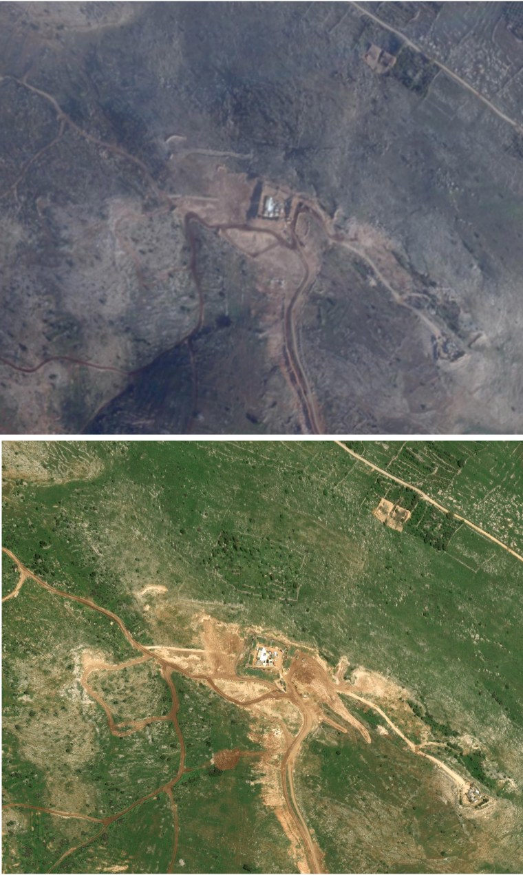 Satellite imagery of an Israeli military base near Aitaroun, Lebanon, on Jan 17, above, and March 18, below.