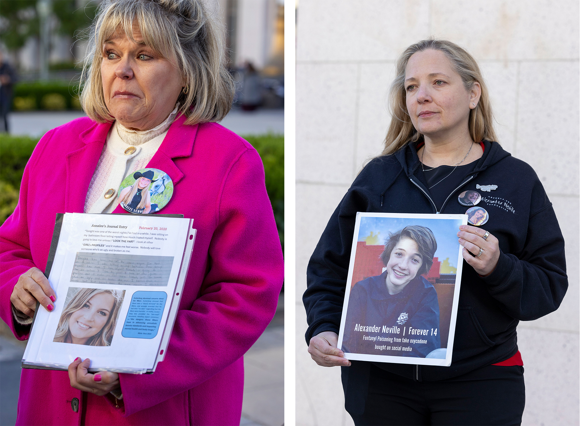 Side by side portrait photos of two women holding photographs of their children who died.