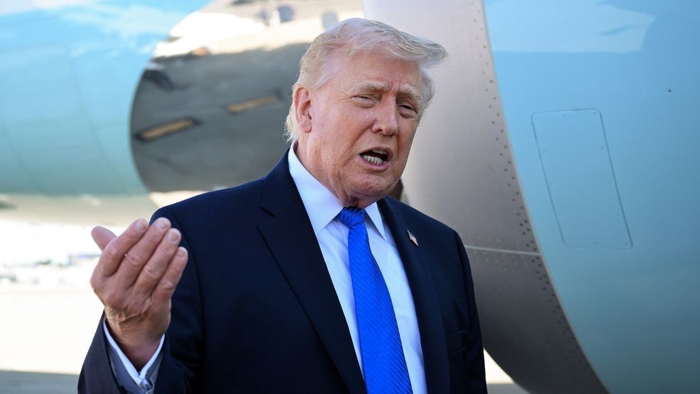 WEST PALM BEACH, FLORIDA - MARCH 23: U.S. President Donald Trump speaks to reporters before boarding Air Force One at Palm Beach International Airport on March 23, 2026 in West Palm Beach, Florida. President Trump is traveling to Tennessee before returning to Washington. (Photo by Roberto Schmidt/Getty Images)