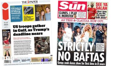 The headline on the front page of i Paper reads: "US troops gather in Gulf, as Trump's deadline nears."