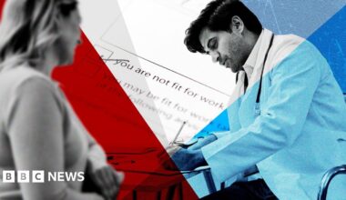 Composite image shows a male doctor signing a fit note for a patient. A woman sits opposite him. In the background there is an enhanced detail of a fit note, with the box checked next to the words "you are not fit for work"