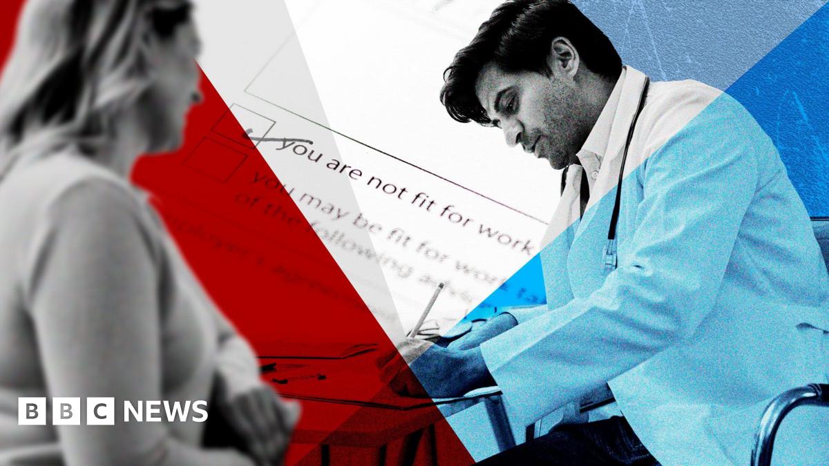 Composite image shows a male doctor signing a fit note for a patient. A woman sits opposite him. In the background there is an enhanced detail of a fit note, with the box checked next to the words "you are not fit for work"