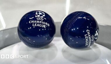 This photograph shows the draw balls bearing the Champions League logo