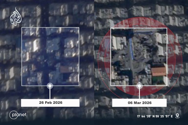 Satellite imagery provided by Planet Labs shows the complete destruction of the 11th Criminal Investigation Base in southern Tehran between February 26 and March 6, 2026.