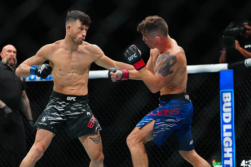 MIAMI, FL - APRIL 12: Darren Elkins and Julian Erosa meet in the octagon for a 3-round bout at UFC 314 on April 12, 2025, at the Kesaya Center in Miami, FL (Photo by Louis Grasse/PxImages/Icon Sportswire via Getty Images)