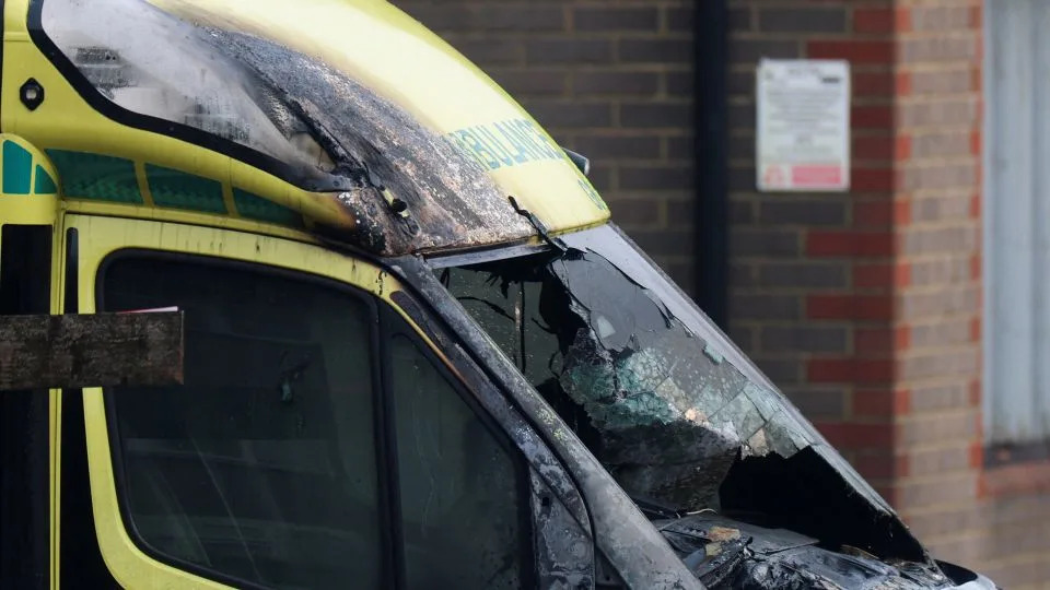 One of the four ambulances that were damaged in the attack. - Hannah McKay/Reuters