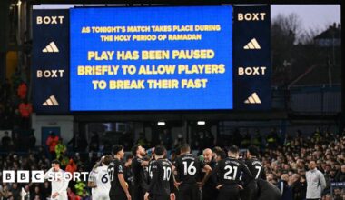 A message on the big screen informing supporters inside Elland Road the stoppage was to allow Muslim players to break their fast