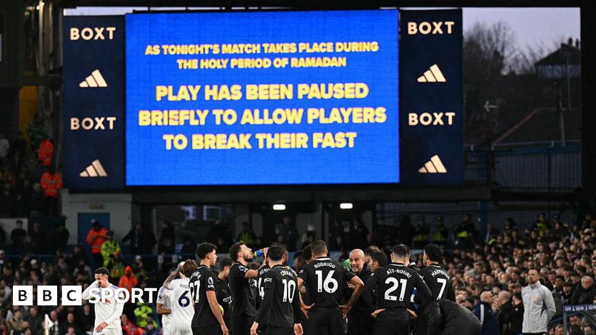 A message on the big screen informing supporters inside Elland Road the stoppage was to allow Muslim players to break their fast