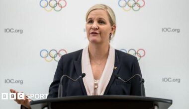 IOC president Kirsty Coventry giving a speech