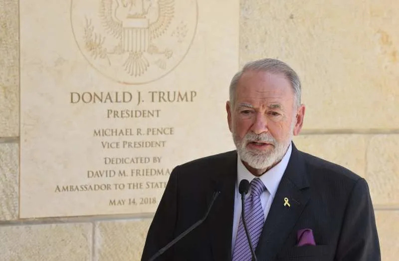 US Ambassador Mike Huckabee addresses the media outside the US Embassy in Jerusalem, May 9, 2025. (credit: MARC ISRAEL SELLEM)