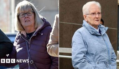 A composite photo of two women outside court. The woman on the left has glasses, a purple puffer jacket and shoulder length blonde hair. The woman on the right has short white hair, a light blue coat and glasses.