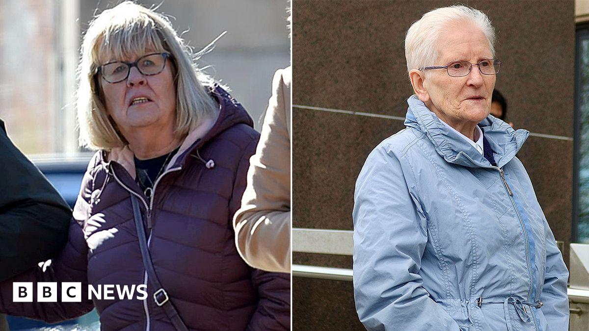 A composite photo of two women outside court. The woman on the left has glasses, a purple puffer jacket and shoulder length blonde hair. The woman on the right has short white hair, a light blue coat and glasses.