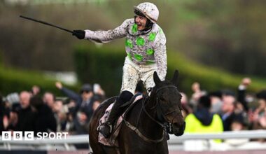 Jockey Paul Townend celebrates winning the Cheltenham Gold Cup on Gaelic Warrior