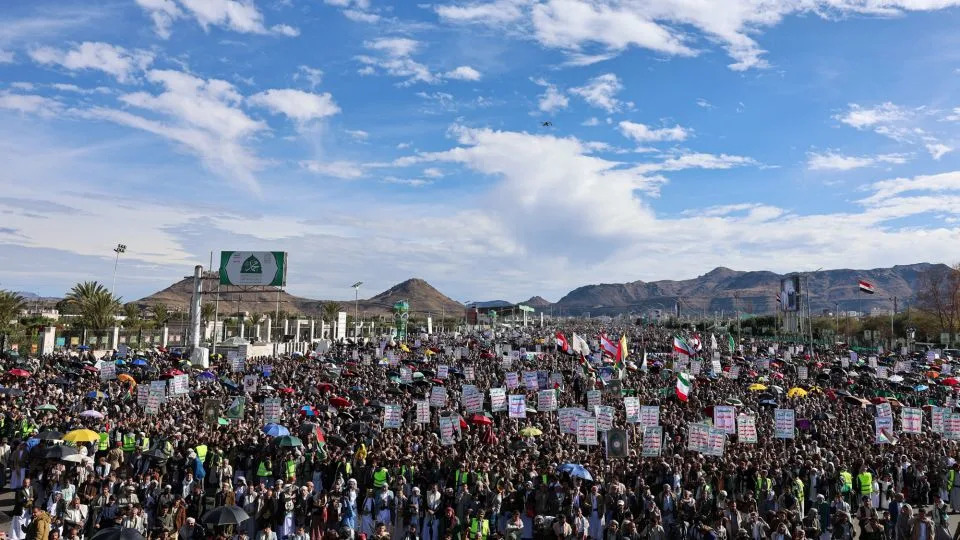 Houthi supporters demonstrate in solidarity with Iran, as the US-Israeli conflict with Iran continues, in Sanaa, Yemen, on March 27. - Khaled Abdullah/Reuters