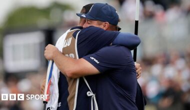 An emotional Bryson DeChambeau hugs his caddie after winning LIV South Africa with a play-off victory