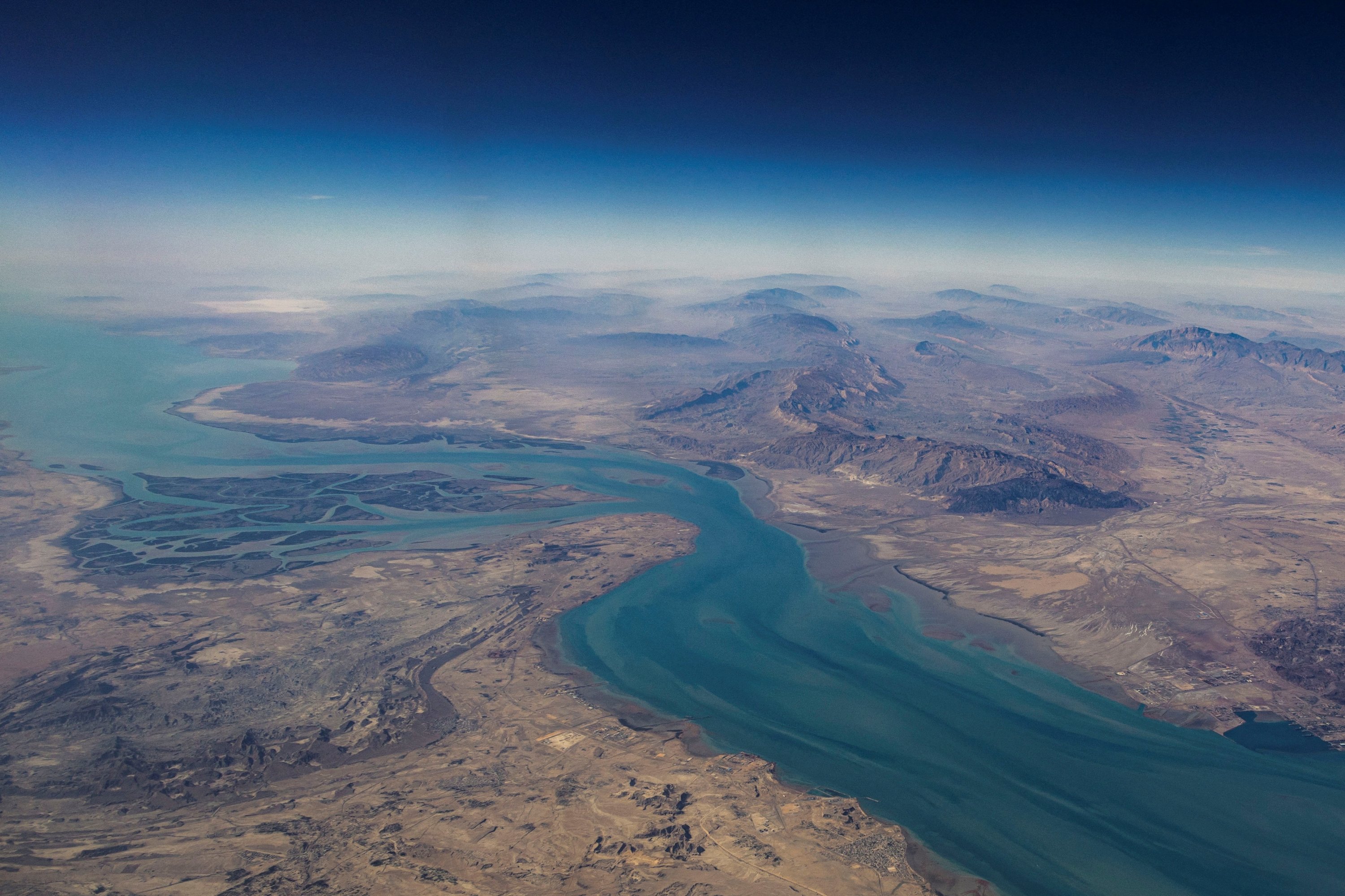 An aerial view of the Iranian shores and the island of Qeshm in the Strait of Hormuz, Dec.10, 2023. (Reuters Photo)