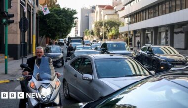 A traffic jam on a street in Beirut, Lebanon, following an evacuation order for the city's southern suburbs (5 March 2026)