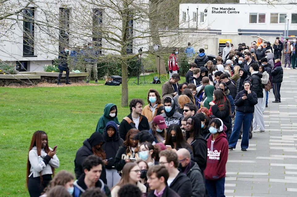 Students queuing for antibiotics outside a building at the University of Kent in Canterbury. The university have confirmed that a student was one of two people who have died as a result of meningitis in the area. The UK Health Security Agency (UKHSA) said it was notified of 13 cases with signs and symptoms of meningitis and septicaemia from Friday to Sunday in the Canterbury area of Kent. Picture date: Monday March 16, 2026. (Photo by Gareth Fuller/PA Images via Getty Images)