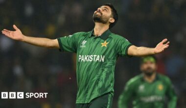 Abrar Ahmed looks up to the sky as he celebrates taking a wicket
