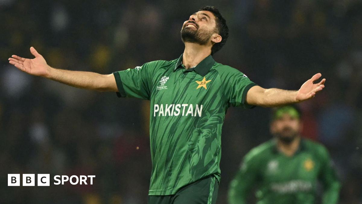 Abrar Ahmed looks up to the sky as he celebrates taking a wicket