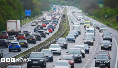 Hundreds of cars queuing in both directions on a British motorway