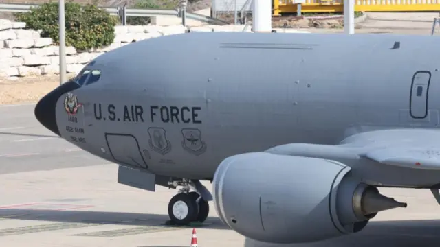A close up of the nose of A US Air Force Boeing KC-135 Stratotanker aerial refueling tanker aircraft is seen in Ben Gurion international airport near Tel Aviv, Israel, in February