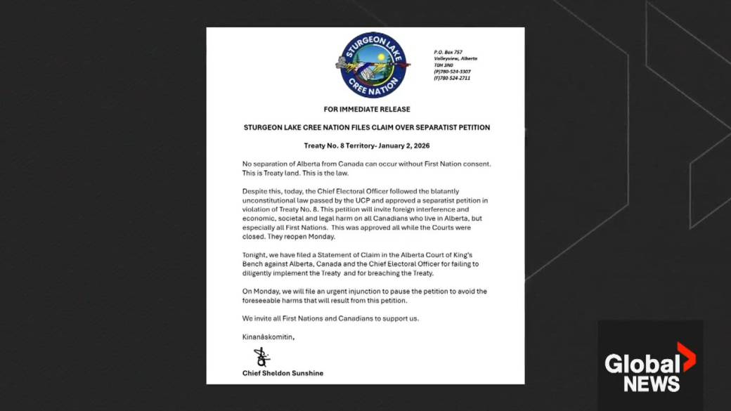 Click to play video: 'Sturgeon Lake Cree Nation suing province over Alberta separatist petition'
