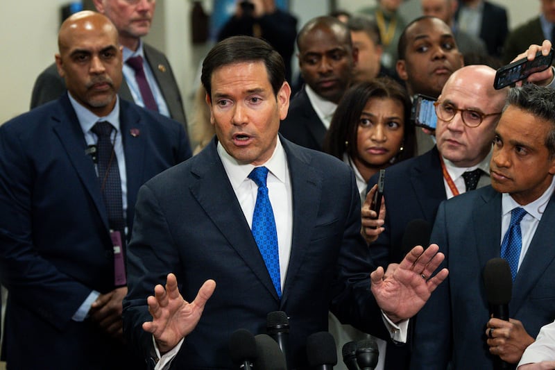 US secretary of state Marco Rubio speaks to reporters about the conflict in Iran on Wednesday. Photograph: Tierney L Cross/New York Times
