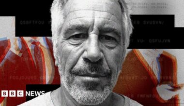 A heavily stylised, high contrast composite image with a black-and-white photo of Jeffrey Epstein’s head in the centre and abstract red, orange, and beige shapes resembling suited figures on either side. The background includes dark horizontal bars with scattered, distorted alphanumeric characters. The overall effect is graphic and textured, with a mix of digital noise and collage-like elements.
