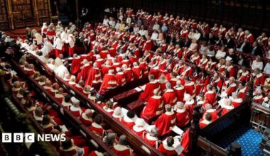 Peers dressed in red ceremonial robes sit in the House of Lords chamber ahead of the State Opening of Parliament in July