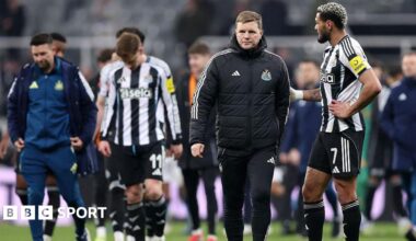 Newcastle United head coach Eddie Howe reacts after the defeat against Manchester City at St James' Park on 7 March, 2026