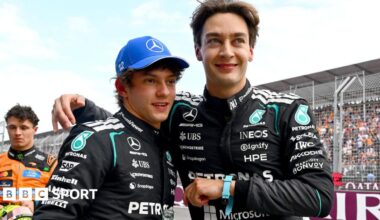 A smiling George Russell puts his arm around Mercedes' team-mate Kimi Antonelli's shoulder after they qualify on the front row for the Australian Grand Prix