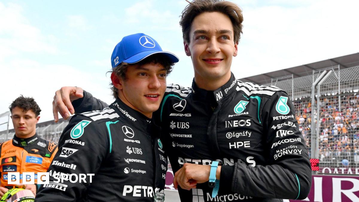 A smiling George Russell puts his arm around Mercedes' team-mate Kimi Antonelli's shoulder after they qualify on the front row for the Australian Grand Prix