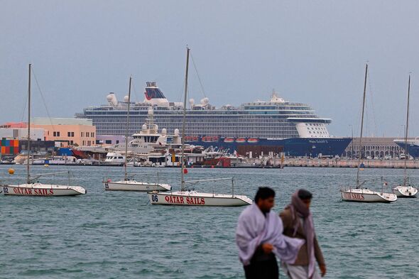 A cruise ship is seen anchored at the old port of Doha on March 4, 2026