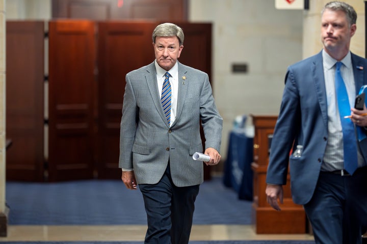 Rep. Mike Rogers, R-Ala., chairman of the House Armed Services Committee, leaves after meeting with Adm. Frank "Mitch" Bradley, commander of the U.S. Special Operations Command, and Gen. Dan Caine, chairman of the Joint Chiefs of Staff, at a classified briefing at the Capitol in Washington, Thursday, Dec. 4, 2025. (AP Photo/J. Scott Applewhite)