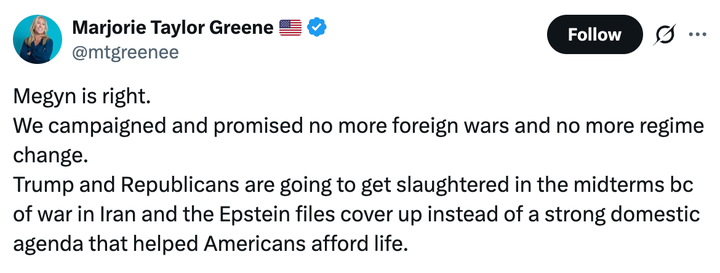 A screenshot of former Rep. Marjorie Taylor Greene's post on X. Greene spent the final chapter of her time in Congress attacking Trump over his administration's handling of the Jeffrey Epstein files.