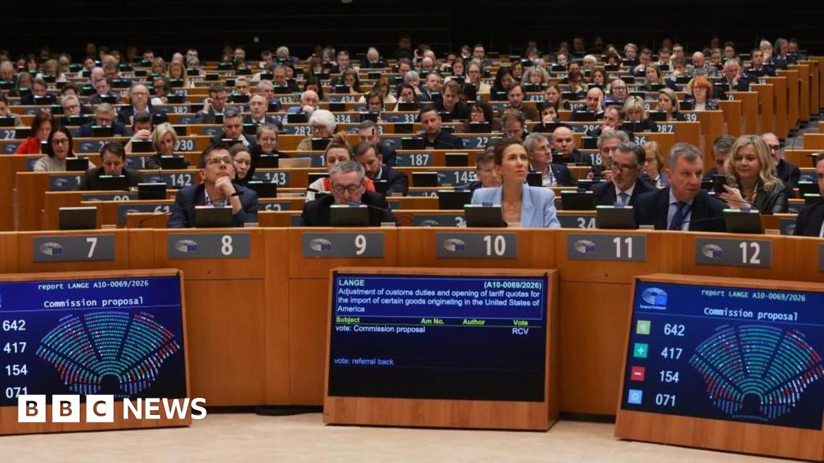 European parliament interior shot showing a plenary session in which the EU/US trade deal was greenlight, pending some conditions.