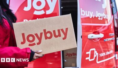 A woman in a red coat is carrying a cardboard box with "Joybuy" printed in red letters. Behind is a red van with a door partially open showing boxes in the back of it.