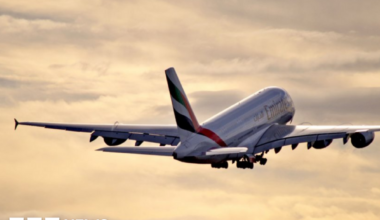 An Emirates Airbus flight in the sky after taking off from Manchester Aiport