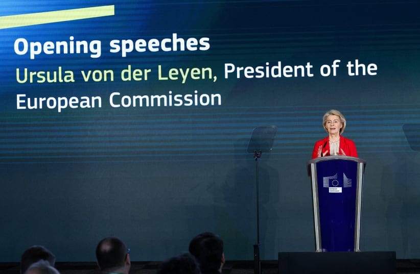 European Commission President Ursula von der Leyen addresses a conference on the EU's eastern regions bordering Russia, Belarus and Ukraine, in Brussels, Belgium, February 26, 2026.