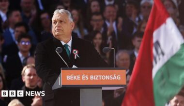A man in a dark suit stands at a lectern in front of a crowd and beside a flag