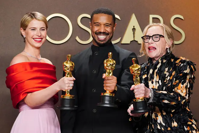 Jessie Buckley, from left, winner of the award for best actress in a leading role for "Hamnet," Michael B. Jordan, winner of the award for best actor in a leading role for "Sinners," and Amy Madigan